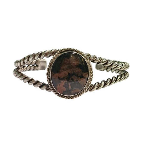 1940s Navajo Petrified Wood Bracelet Twisted Silver Rope Bands - Picture 1 of 5